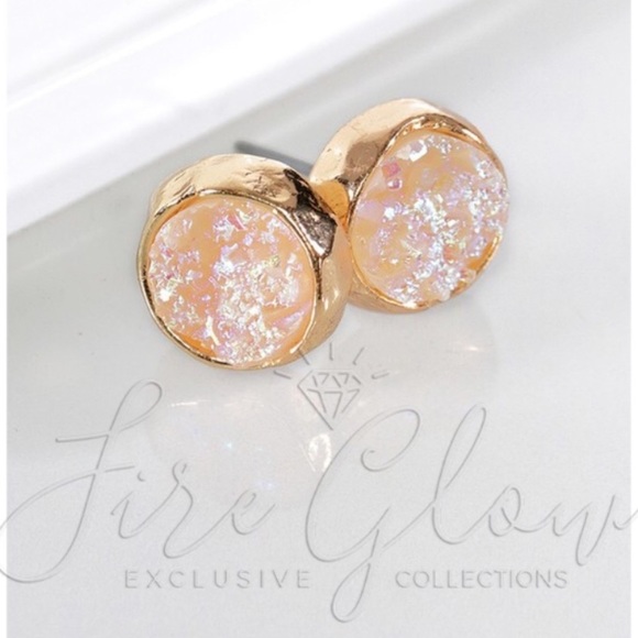 Gold Tone Earrings - Iridescent Opal Drusy / Druzy - Picture 3 of 7